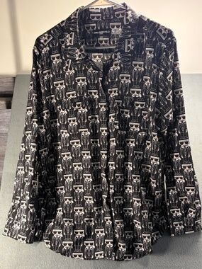 Karl Lagerfeld Paris Ikonik Print Blouse Top Black White Long Sleeve Size XL